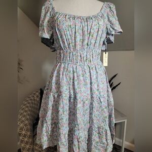 Liberty Love Babydoll style Eyelet Lace Floral tiered off shoulder Dress Medium